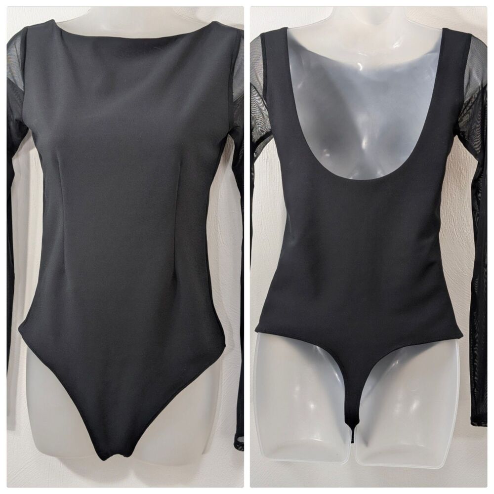 Abercrombie & Fitch Womens Bodysuit Medium Black Long Mesh Sleeve Balletcore Y2K